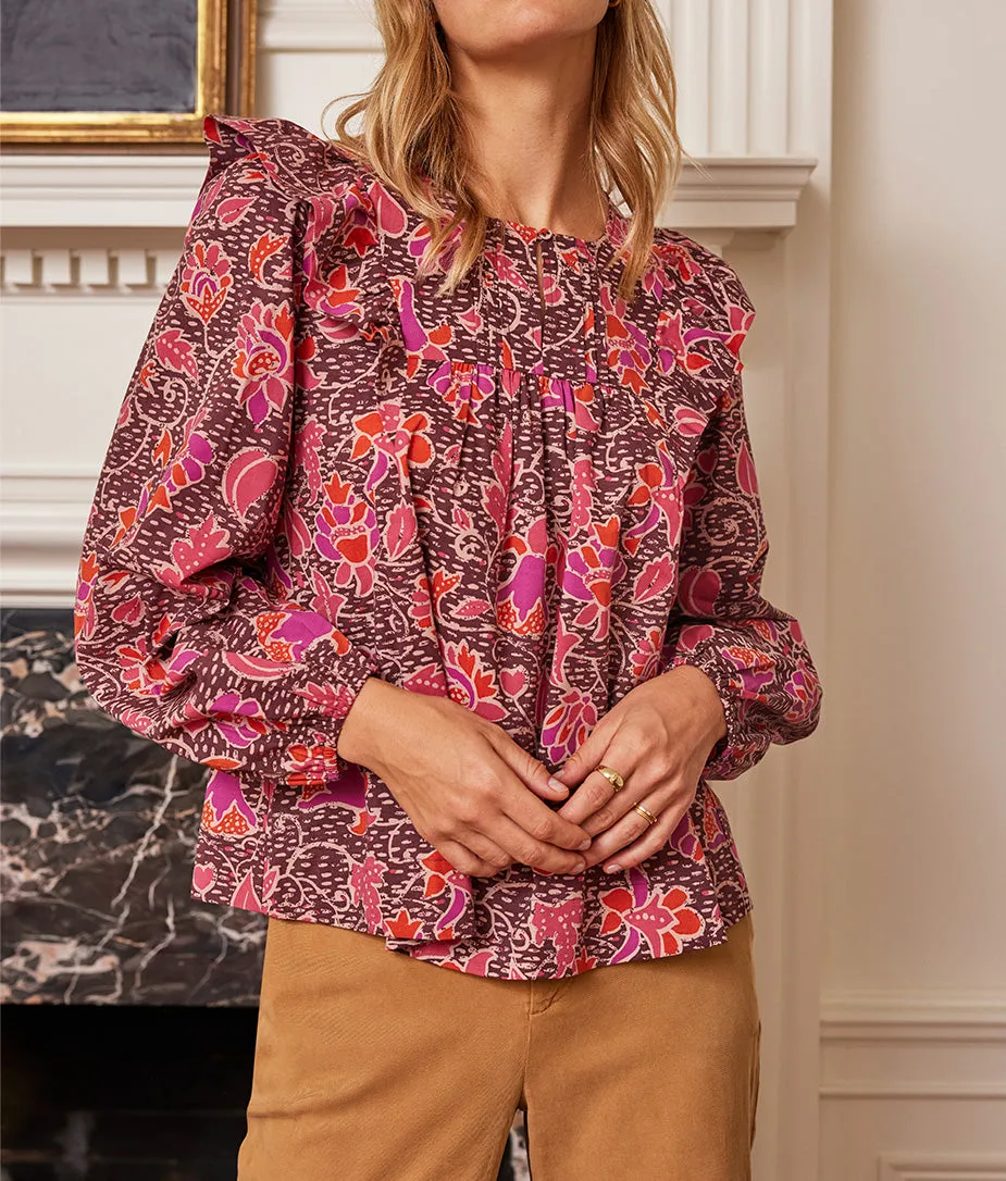 The Countryside Poplin Ruffle Blouse - Vineyard Blooms in Pinot sold by Summersalt product image thumbnail 4