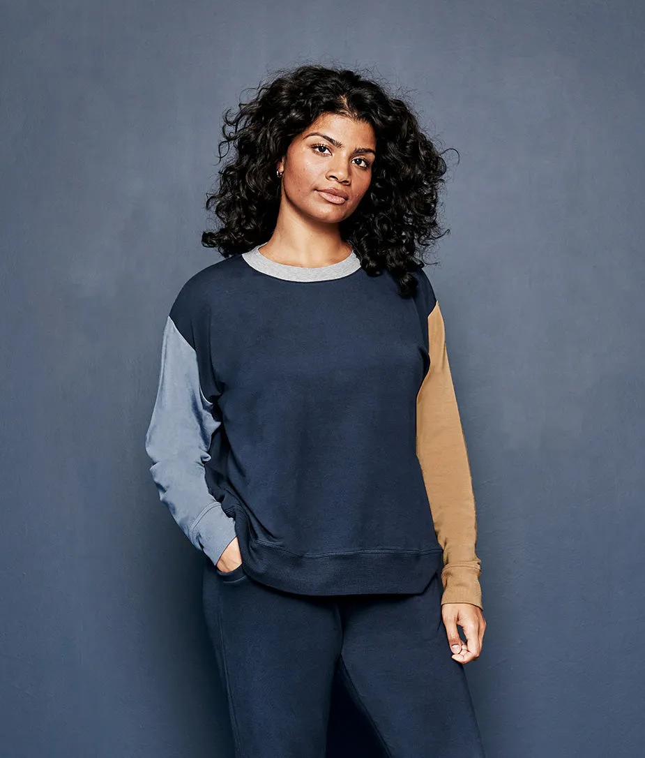 The Softest French Terry Relaxed Colorblock Crew - Midnight & Slate & Toffee sold by Summersalt
