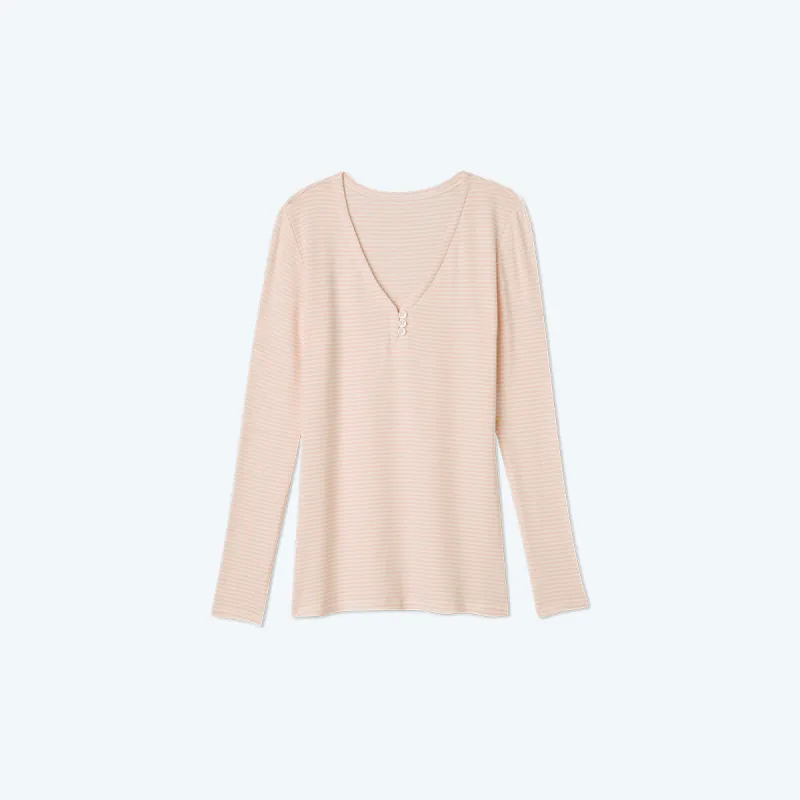 The Softest Ribbed Long Sleeve Henley - Blush & White Sand Stripe sold by Summersalt