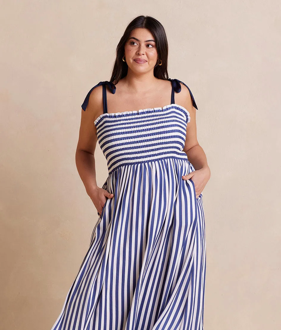 The Silky Luxe Smocked Maxi Dress - Nautical Stripe in Blue Mountain sold by Summersalt product image thumbnail 3