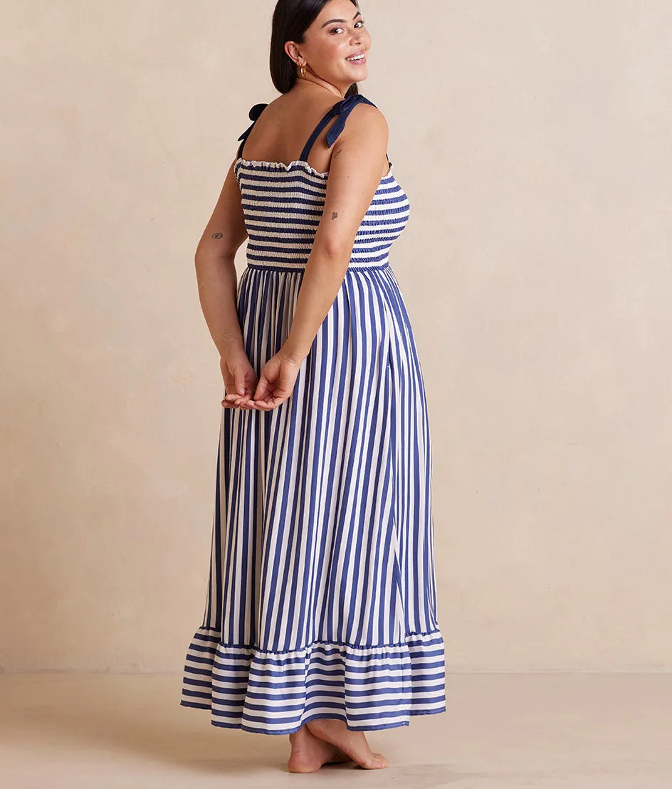 The Silky Luxe Smocked Maxi Dress - Nautical Stripe in Blue Mountain sold by Summersalt product image thumbnail 2