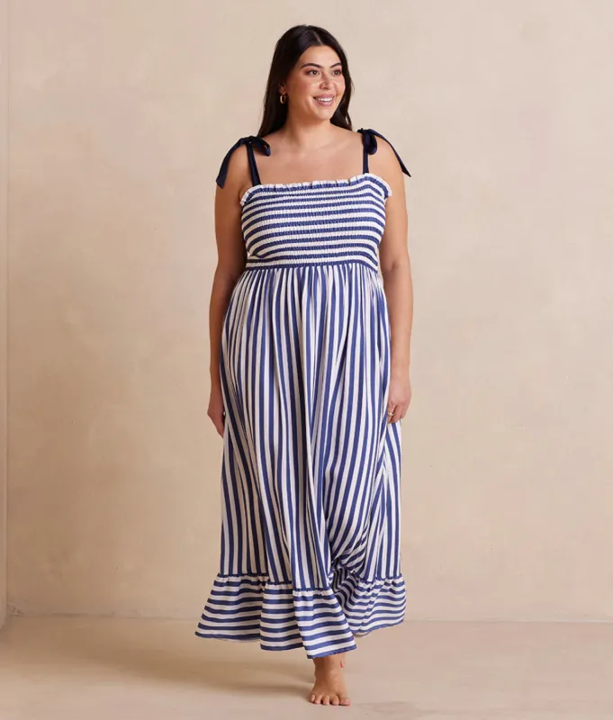 The Silky Luxe Smocked Maxi Dress - Nautical Stripe in Blue Mountain sold by Summersalt