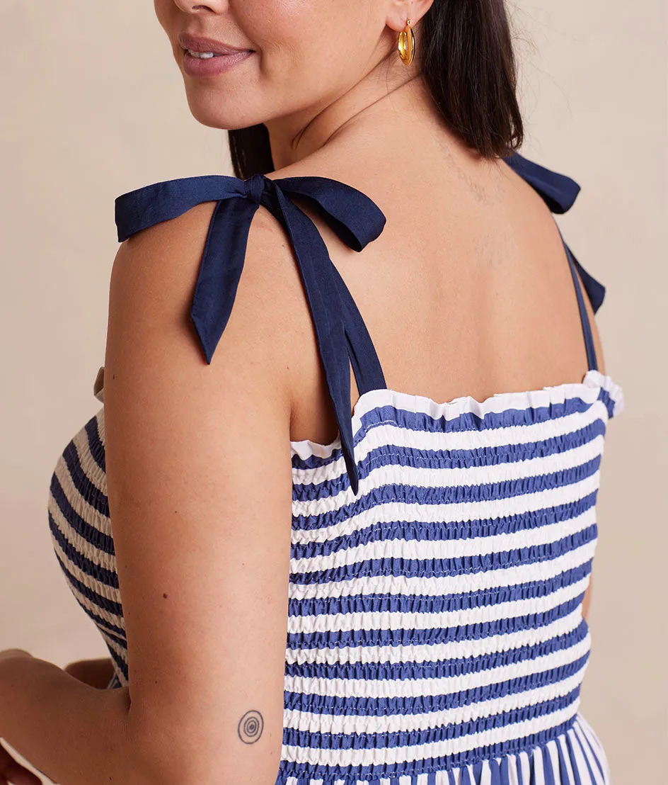 The Silky Luxe Smocked Maxi Dress - Nautical Stripe in Blue Mountain sold by Summersalt product image thumbnail 4