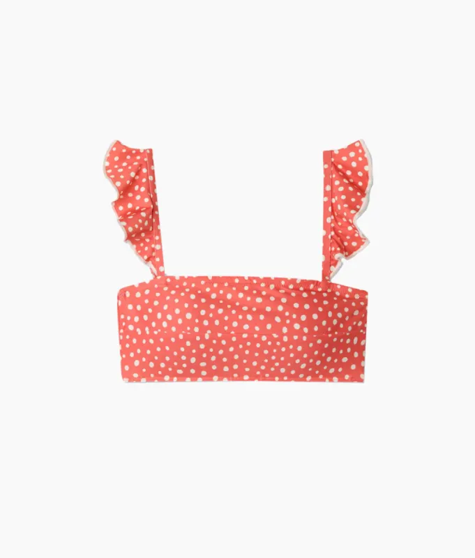 The Ruffle Oasis Bikini Top - On the Dot in Coral sold by Summersalt