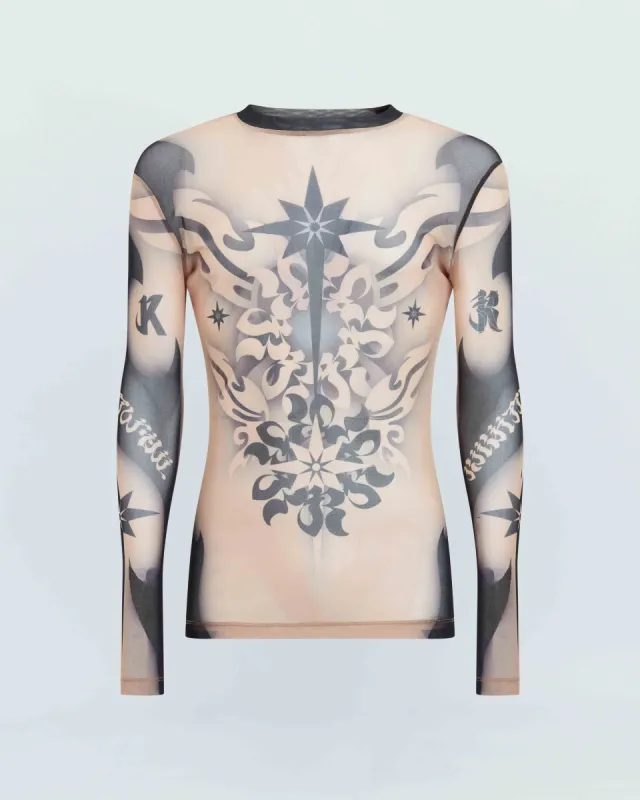TATTOO GRAPHIC LS MESH TIGHT TOP sold by KUSIKOHC