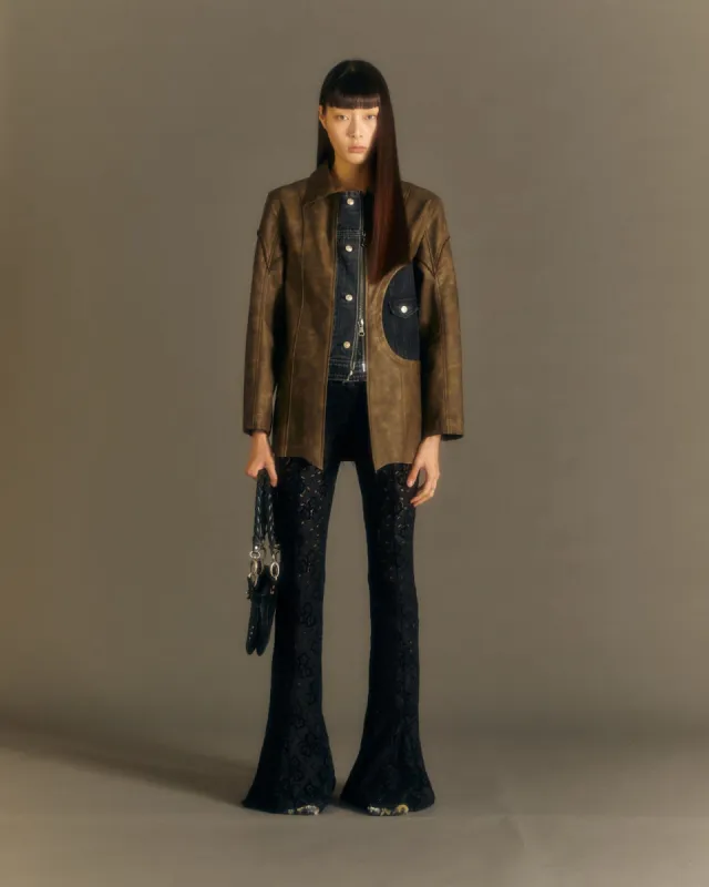 (WOMEN) RAW CUT DENIM TRIM FAUX LEATHER SHIRTS atb979w(BROWN) sold by Andersson Bell