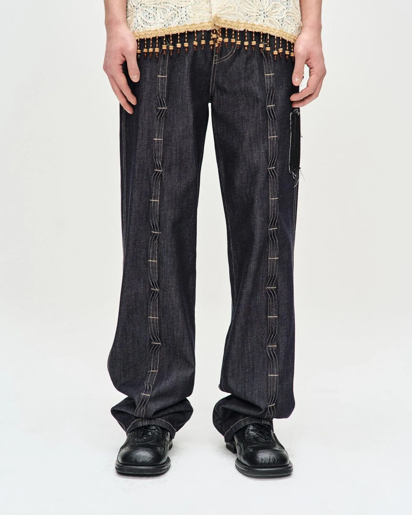 PATCHWORK WAVE TUCK WIDE LEG JEANS apa689m(INDIGO) | Parallel