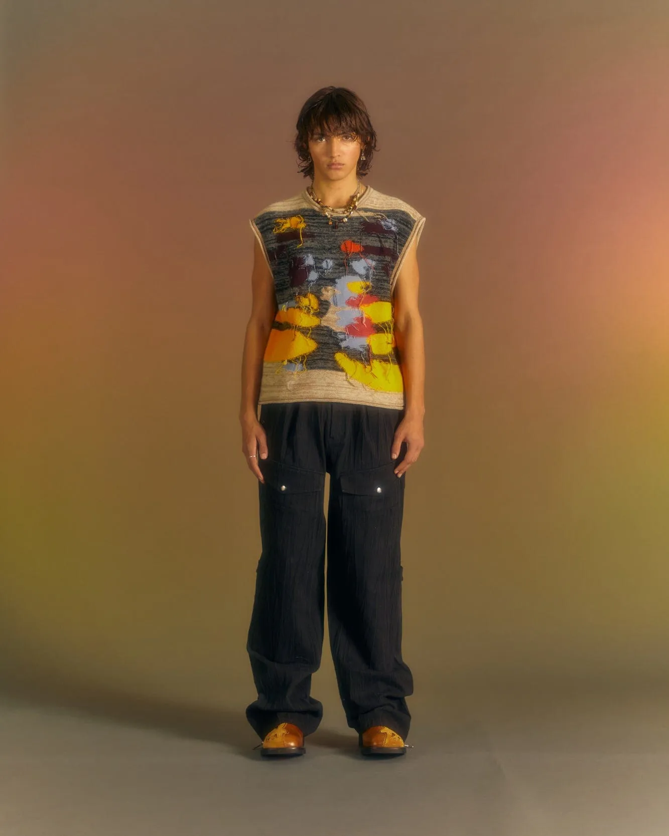 BLOTCH INTARSIA CREW-NECK VEST atb1013m(BEIGE) sold by Andersson Bell