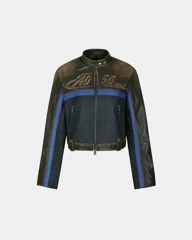 (WOMEN) DENIM COMBO RACING LEATHER JACKET awa593w(BROWN) made by Andersson Bell