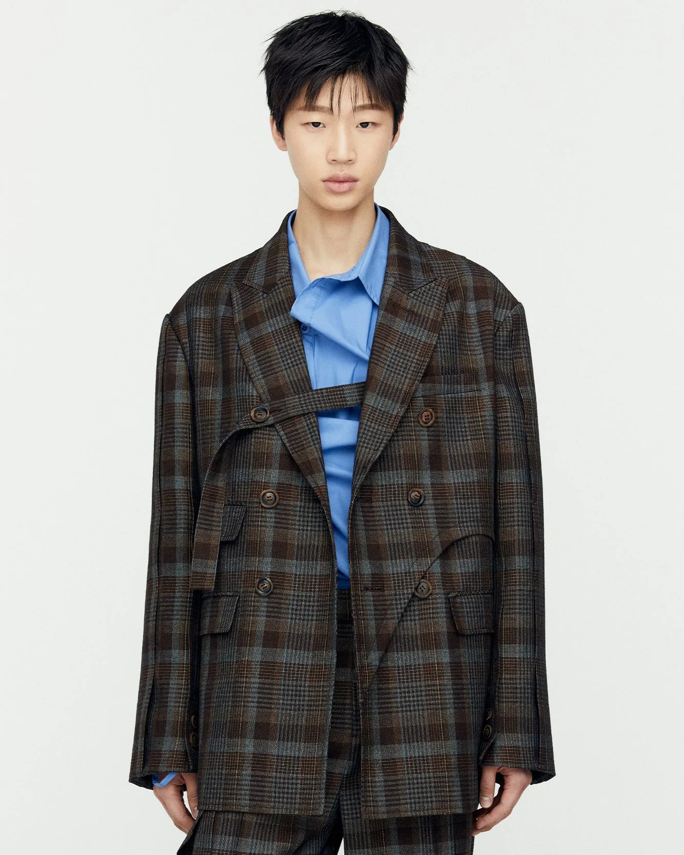 SOE CHECK WRAP DOUBLE BREASTED JACKET awa628m(BROWN) sold by Andersson Bell