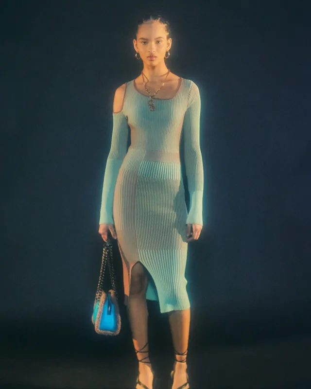 (WOMEN) ELLISON PANELED KNIT DRESS atb764w(JADE/BROWN) sold by Andersson Bell