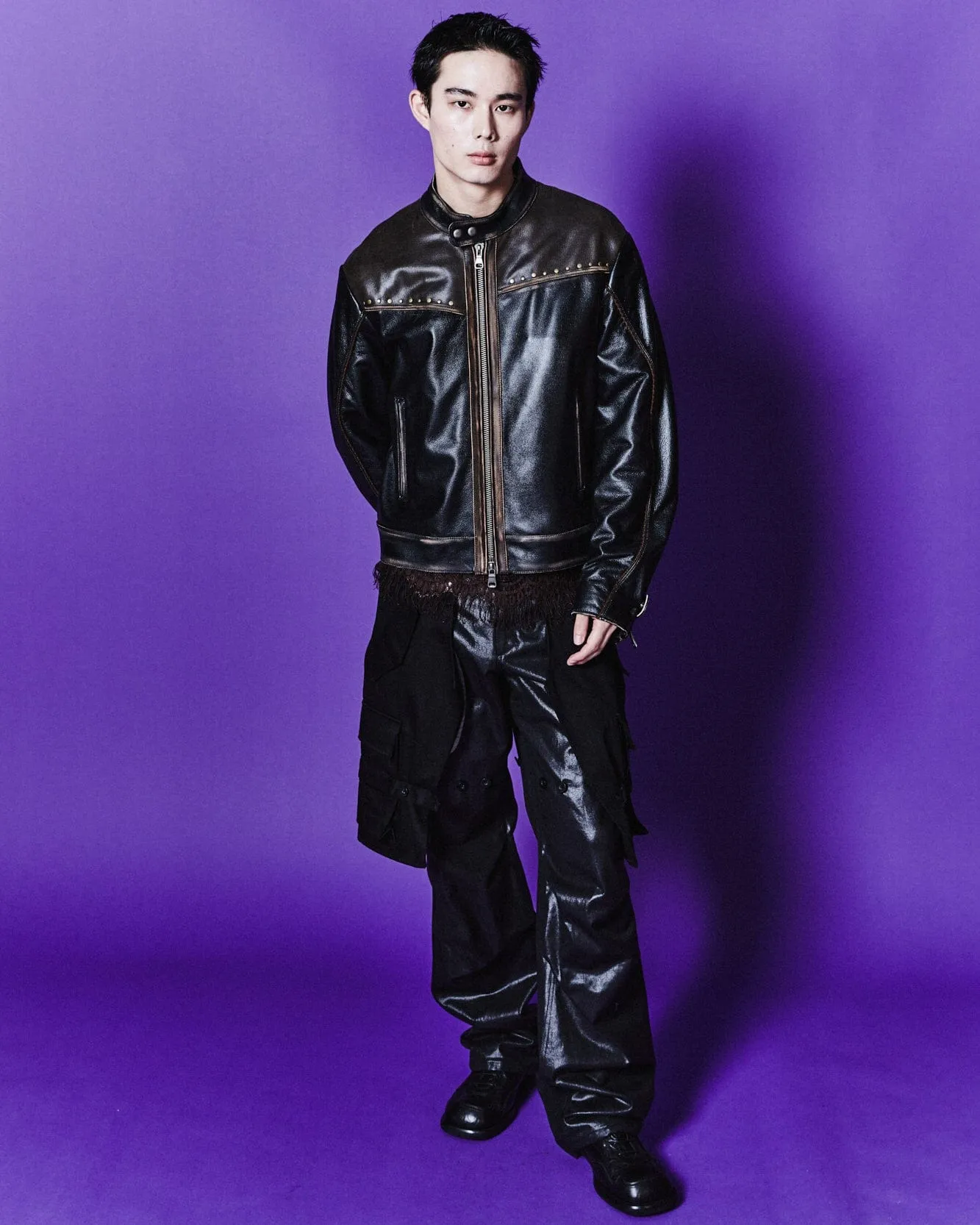 VINTAGE LEATHER BIKER JACKET awa582m(BLACK) sold by Andersson Bell product image thumbnail 4