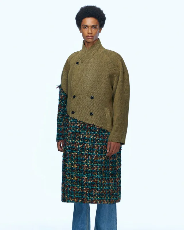 SAINDES WOOLPANEL DOUBLE BREASTED WOOL COAT awa461m(YELLOW TWILL/GREEN) sold by Andersson Bell