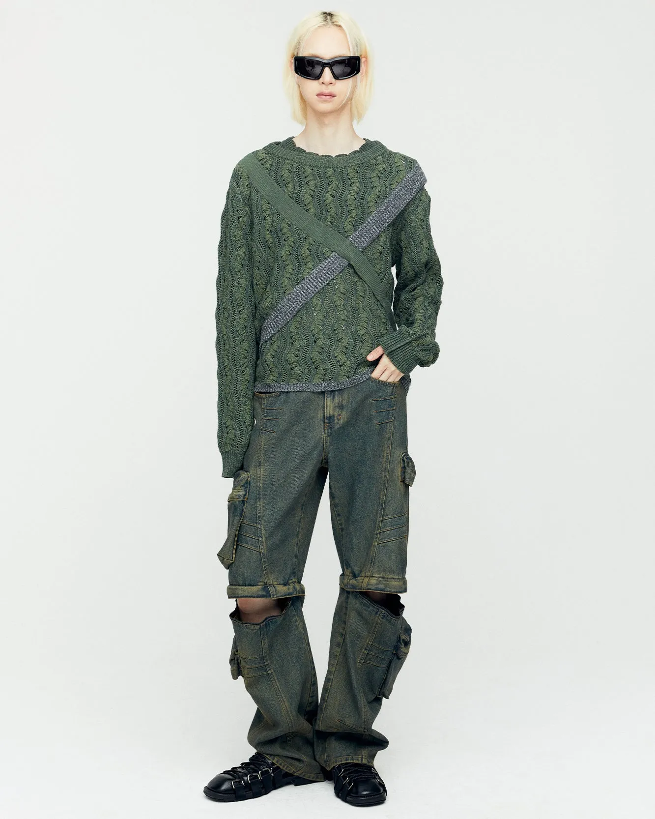 TWO TONE WAVE CREW-NECK SWEATER atb1160m(KHAKI) sold by Andersson Bell