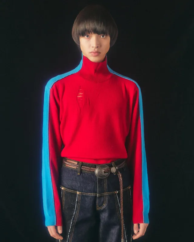 CONTRAST TURTLENECK SWEATER atb817m(RED/BLUE) made by Andersson Bell