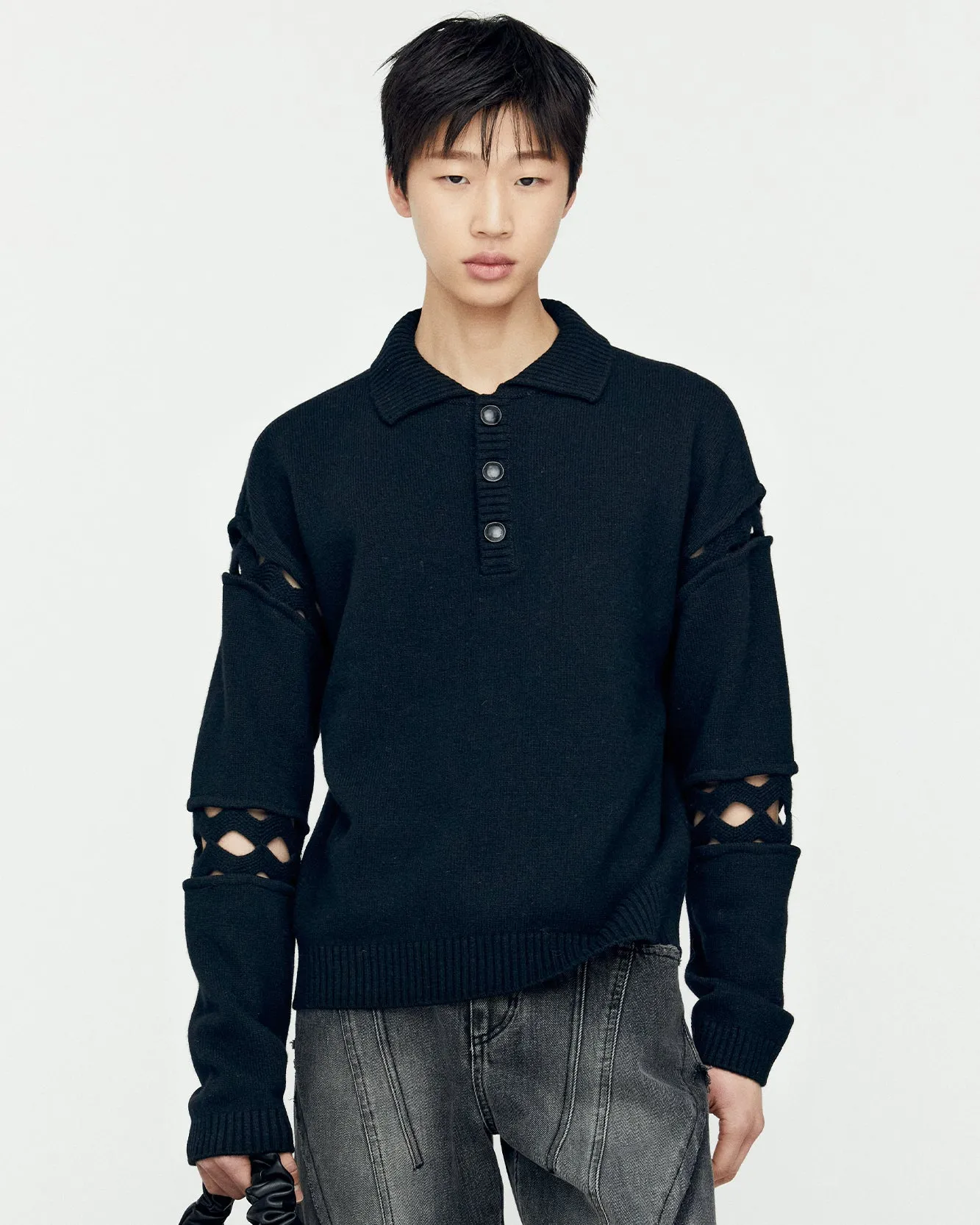 CUT OUT POLO SWEATER atb1158m(BLACK) sold by Andersson Bell