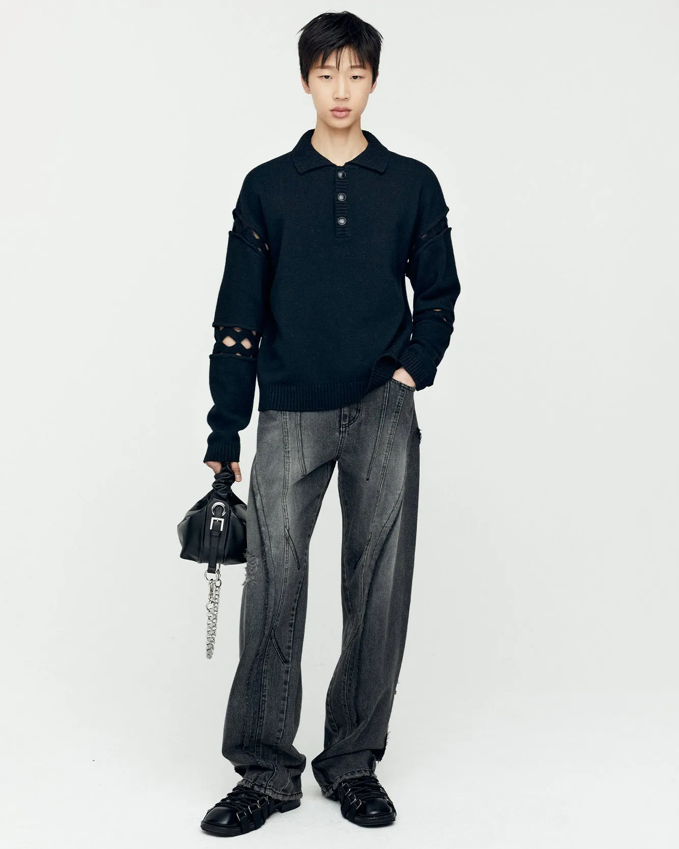 CUT OUT POLO SWEATER atb1158m(BLACK) sold by Andersson Bell product image thumbnail 4