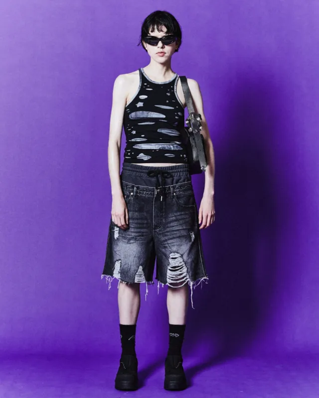 (WOMEN) DENNY SWEAT WAIST DAMAGED SHORTS apa718w(WASHED BLACK) made by Andersson Bell