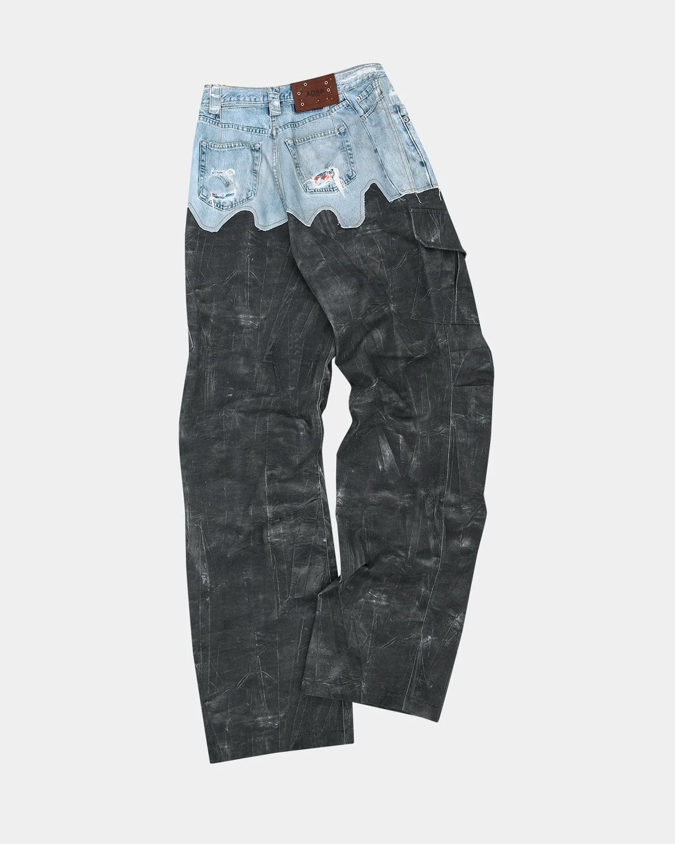 FAUX-DENIM & SCRATCH LEATHER PRINTED CARGO-PANTS apa703m