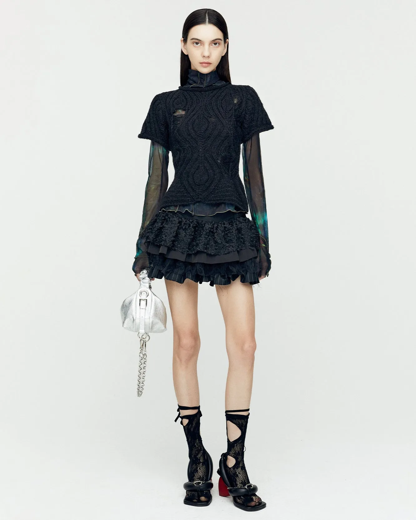 DAMAGED KNIT LAYERED MESH TOP atb1202w(BLACK) sold by Andersson Bell