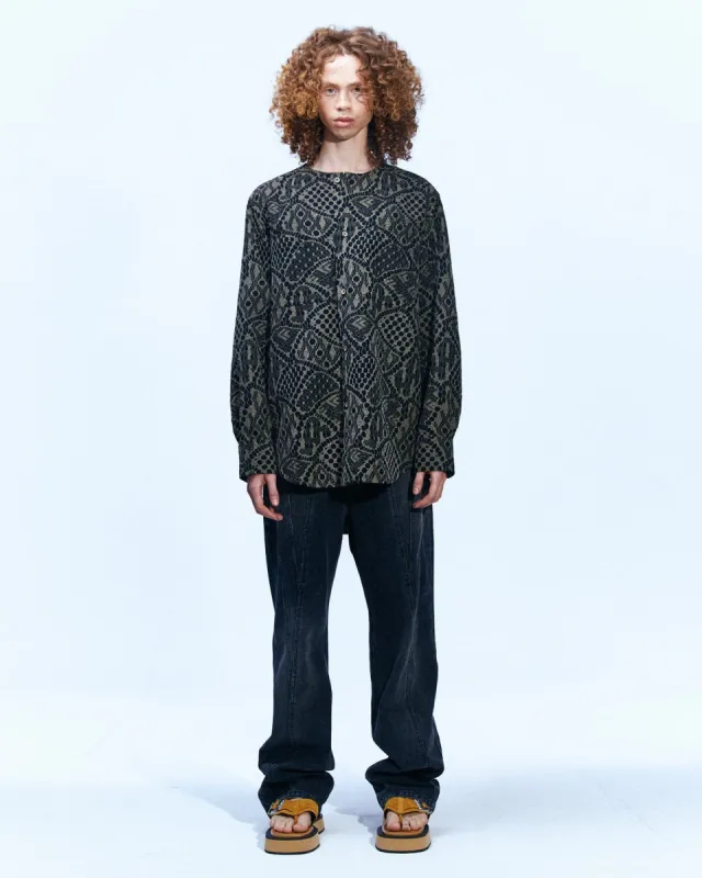 LEAF EMBROIDERY COLLARLESS SHIRT atb847m(BROWN) sold by Andersson Bell