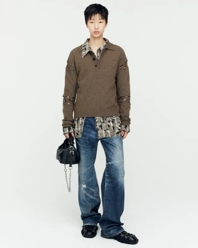 CUT OUT POLO SWEATER atb1158m(BROWN) sold by Andersson Bell