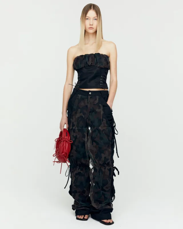 CAMOUFLAGE MESH LAYERED TYING PANTS apa767w(BLACK) sold by Andersson Bell