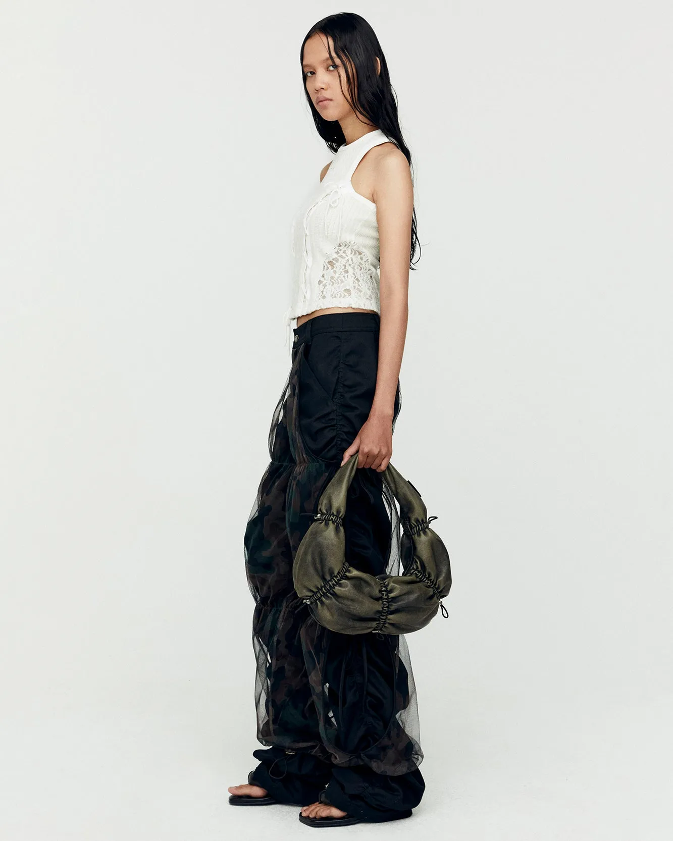 CAMOUFLAGE MESH LAYERED TYING PANTS apa767w(BLACK) sold by Andersson Bell product image thumbnail 5