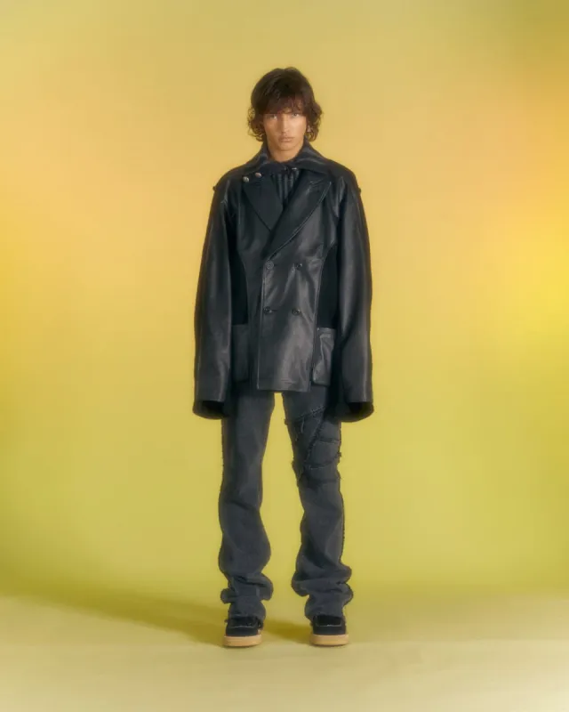 TEDDY LEATHER KNIT DOUBLE BREASTED JACKET awa561m(BLACK) sold by Andersson Bell