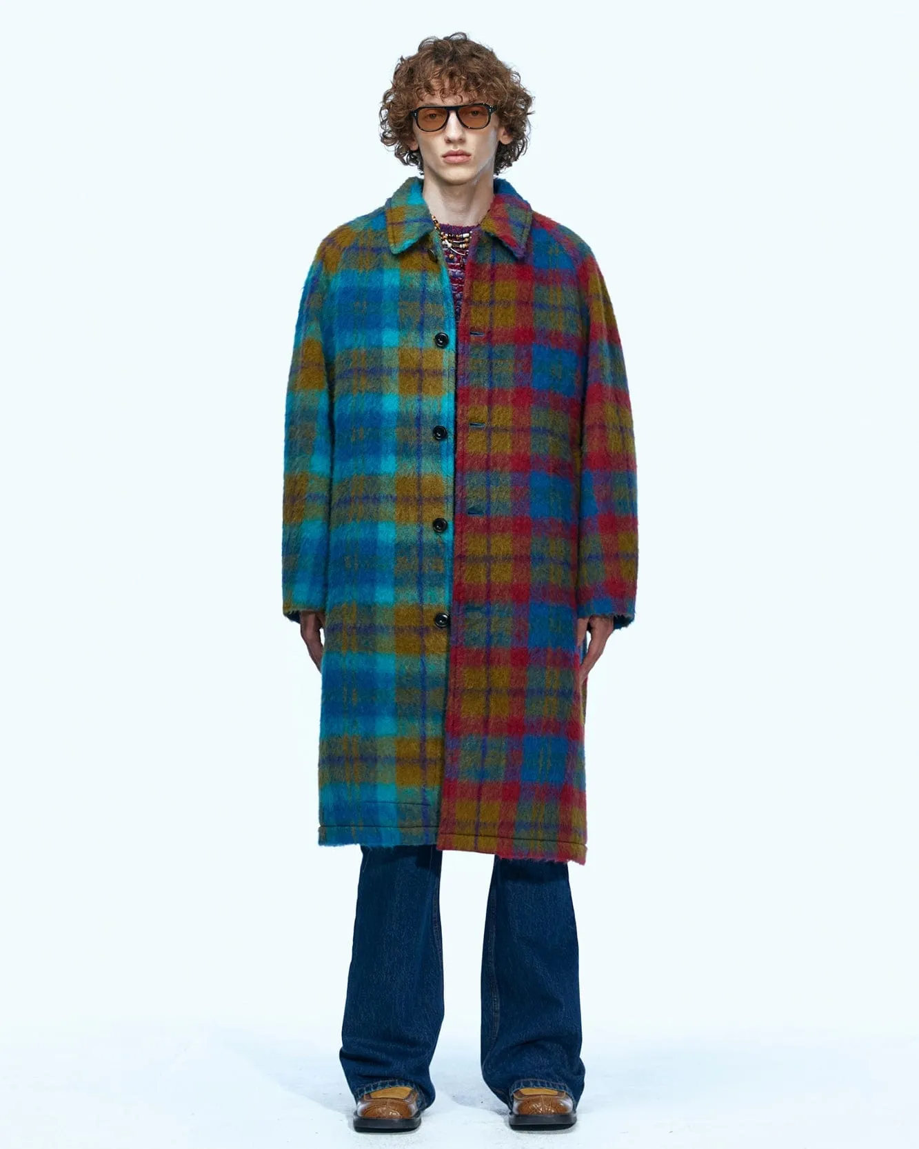 UNISEX HARRY CHECK BALMACAAN SHAGGY WOOL COAT awa468u(PALE JADE/MAGENTA) sold by Andersson Bell