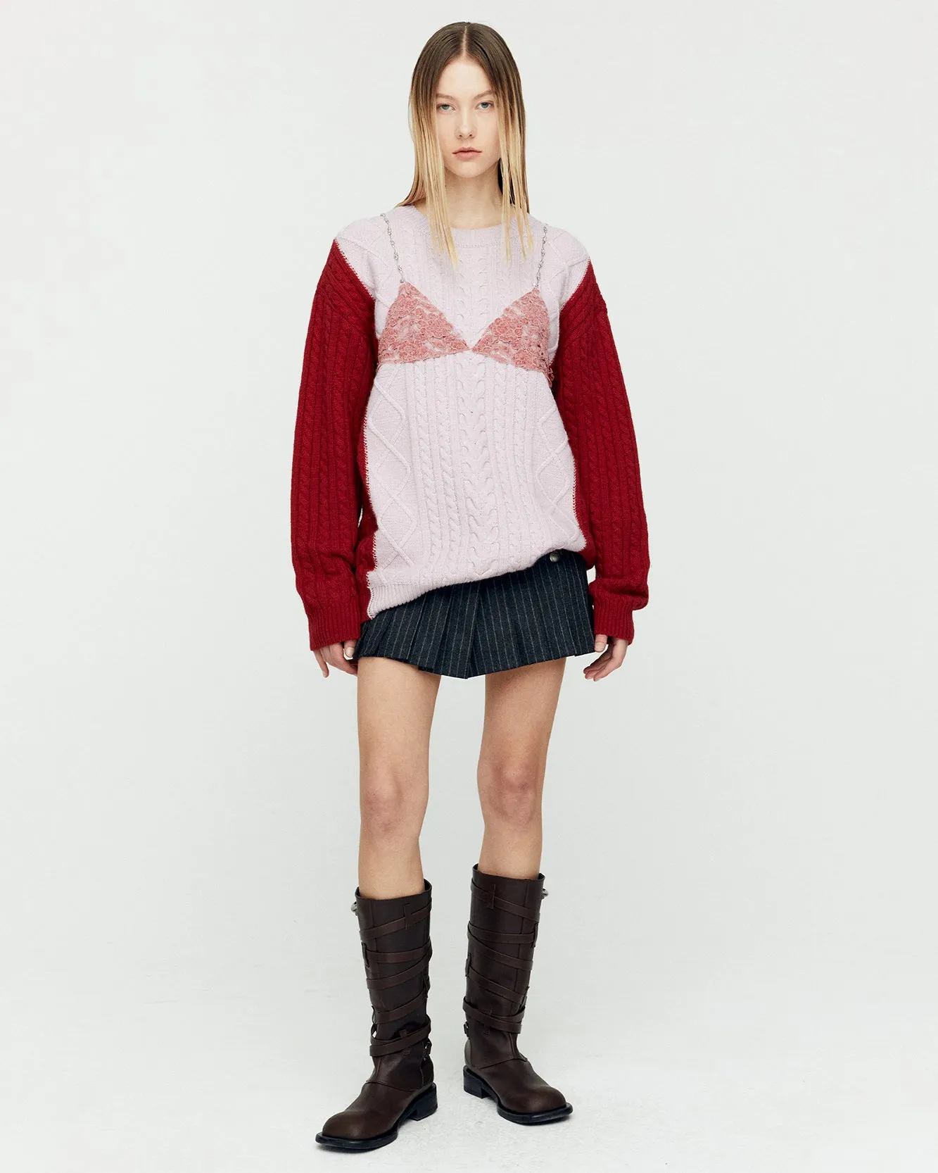 LACE LINGERIE BOYFRIEND-FIT KNIT atb1183w(PINK) sold by Andersson Bell