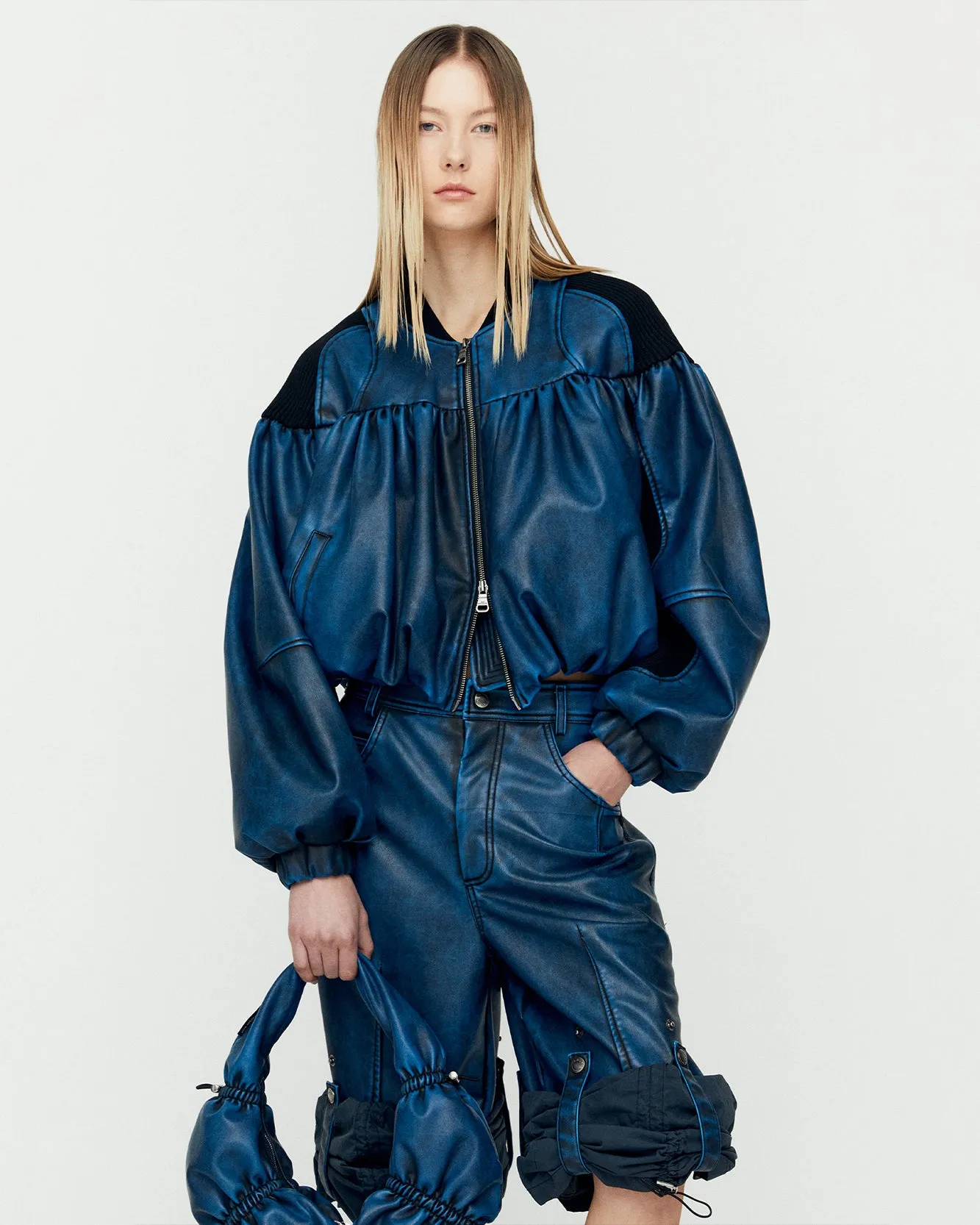 SHIRRING FAUX LEATHER BOMBER JACKET awa664w(BLUE) sold by Andersson Bell