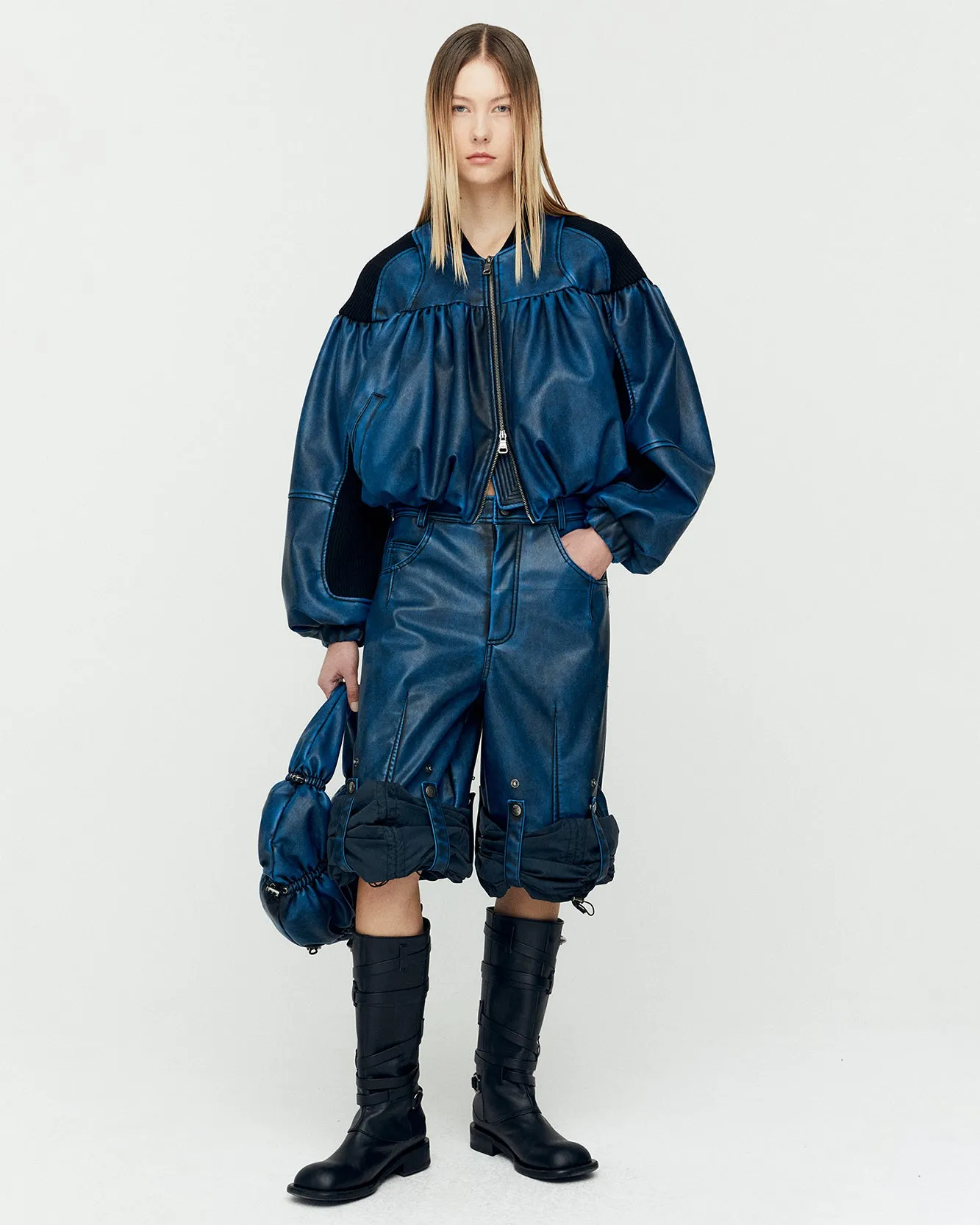 SHIRRING FAUX LEATHER BOMBER JACKET awa664w(BLUE) sold by Andersson Bell product image thumbnail 5