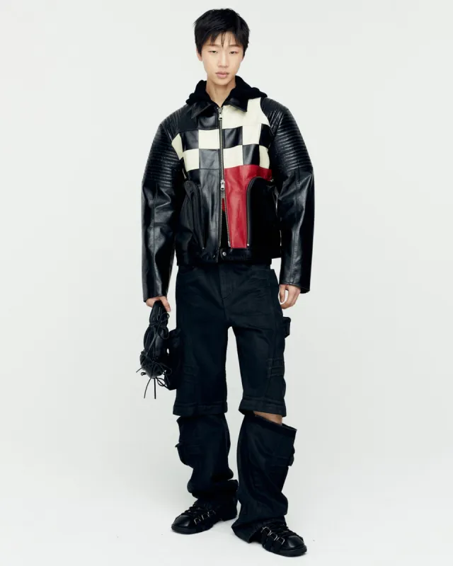 CHECKERBOARD PATCHWORK LEATHER BIKER JACKET awa632m(BLACK) | Parallel