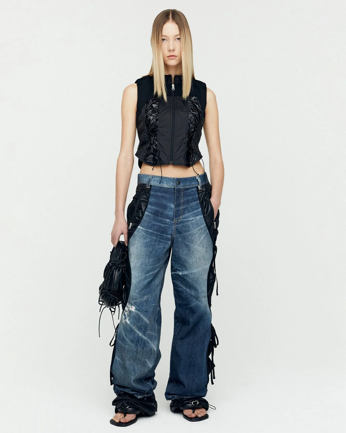DENIM TROMPE L`OEIL LAYERED TYING PANTS apa768w(WASHED BLUE) sold by Andersson Bell