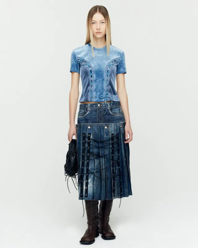 DENIM TROMPE L`OEIL PLEATS LONG SKIRT apa766w(BLUE) made by Andersson Bell