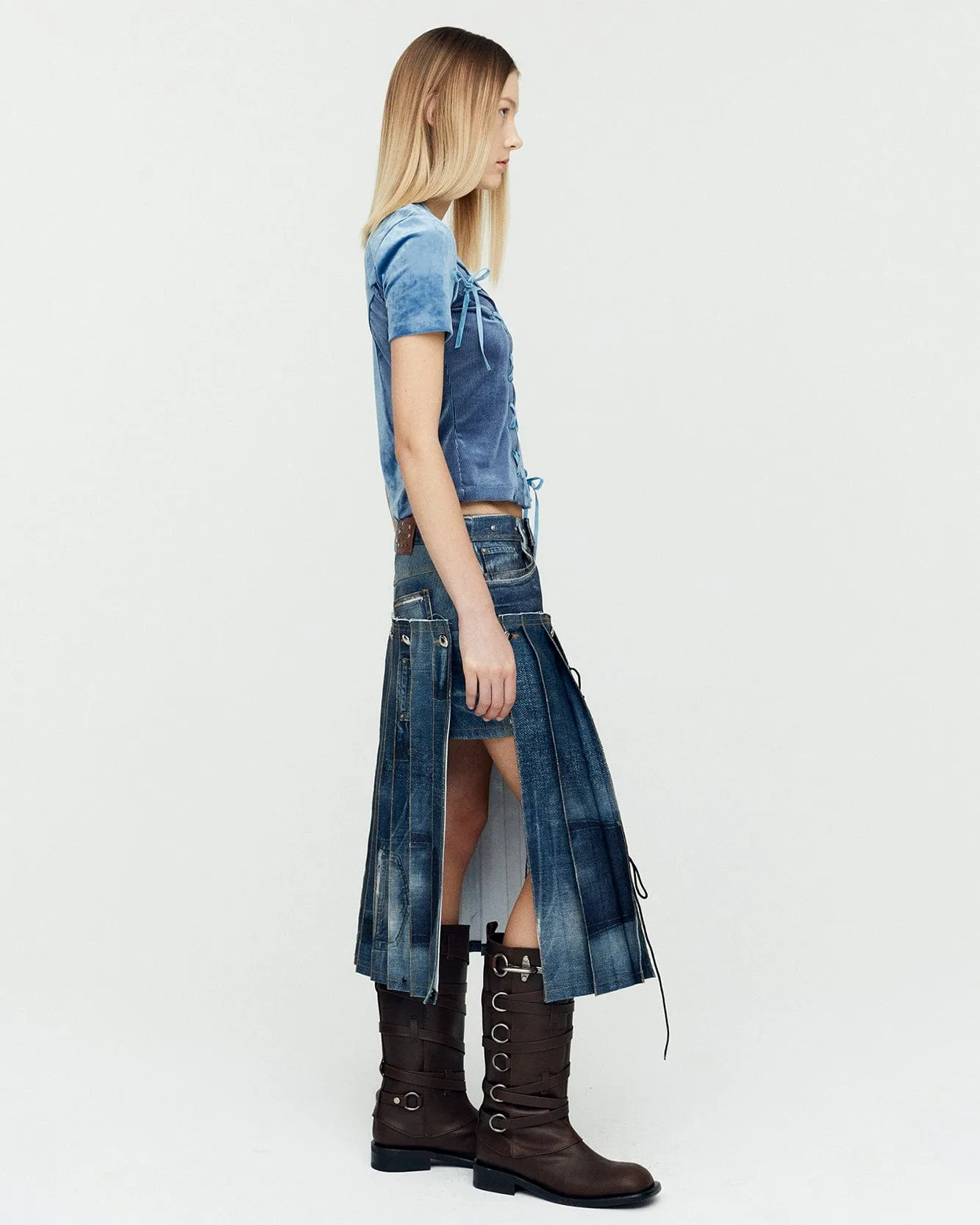 DENIM TROMPE L`OEIL PLEATS LONG SKIRT apa766w(BLUE) sold by Andersson Bell product image thumbnail 3