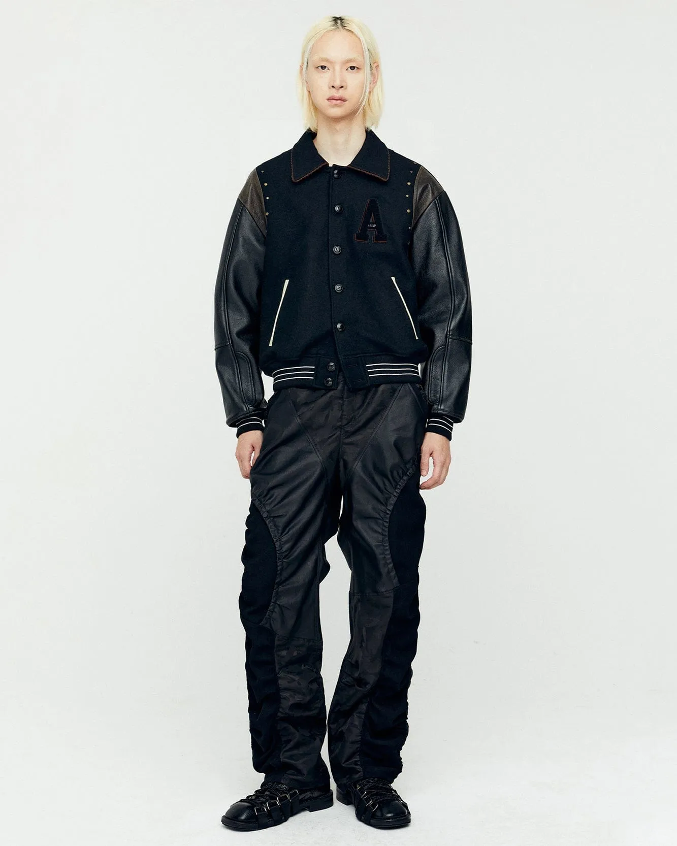 A PATCH WOOL & LEATHER VARSITY JACKET awa691m(BLACK) sold by Andersson Bell
