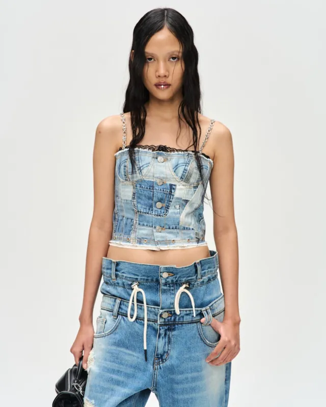(WOMEN) ALL-DENIM PRINTED BUSTIER TOP atb1124w(BLUE) sold by Andersson Bell