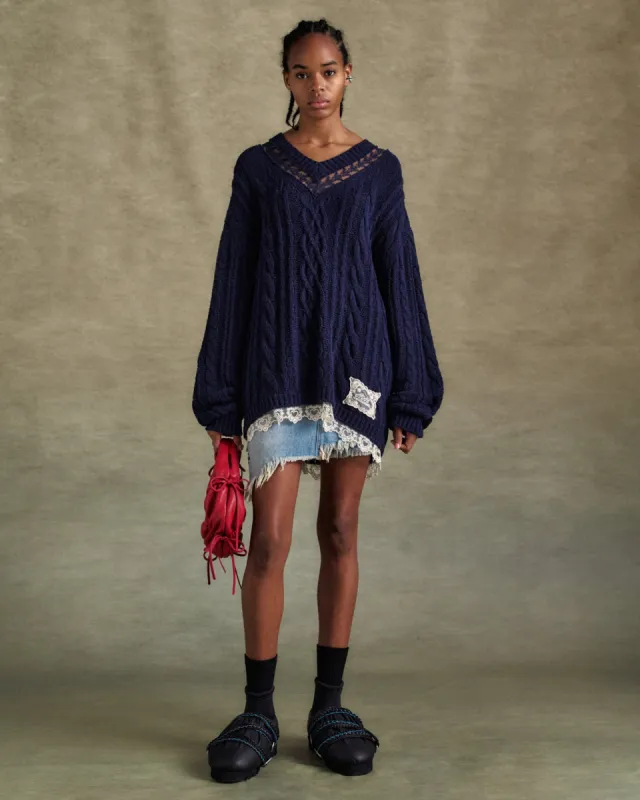 LACE CHUNKY V-NECK KNIT atb1260w(NAVY) made by Andersson Bell