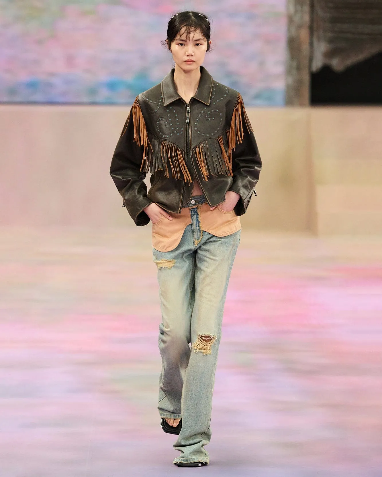 FRINGE PUNCHING LEATHER JACKET awa707w(BROWN) sold by Andersson Bell