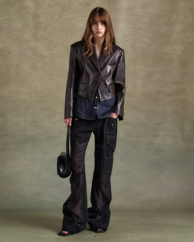 HYBRID FAUX-LEATHER BLAZER awa683w(BROWN) made by Andersson Bell
