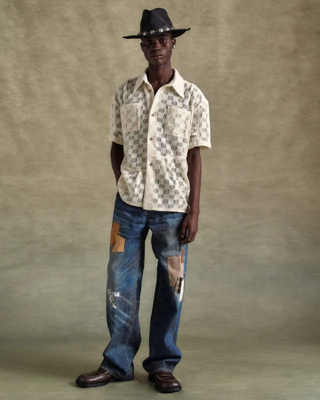 UNISEX PATCHWORK PRINTED DENIM TROMPE L`OEIL JEANS apa789u(BLUE) made by Andersson Bell