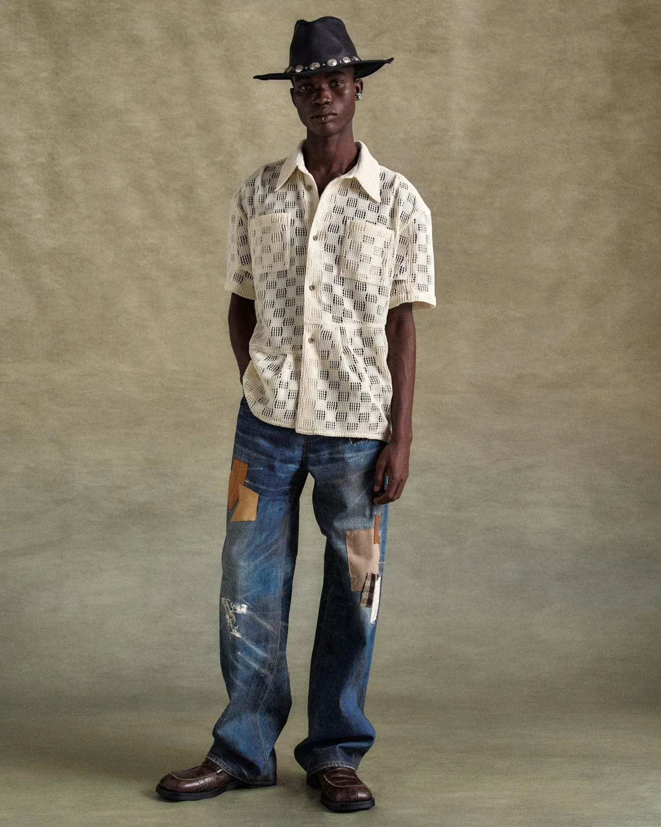 UNISEX PATCHWORK PRINTED DENIM TROMPE L`OEIL JEANS apa789u(BLUE) sold by Andersson Bell