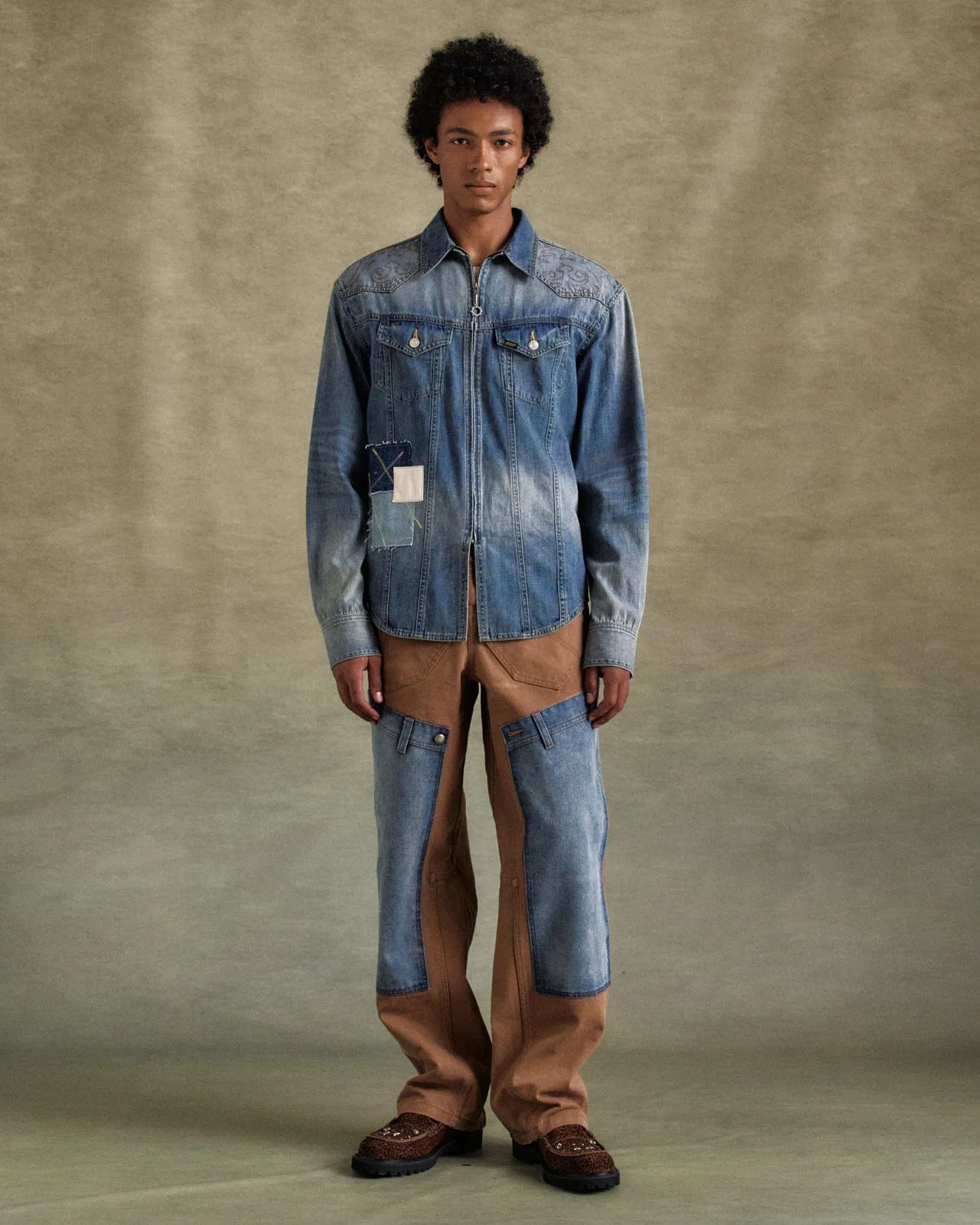 EMBROIDERY PATCHWORK DENIM SHIRTS atb1273m(BLUE) sold by Andersson Bell