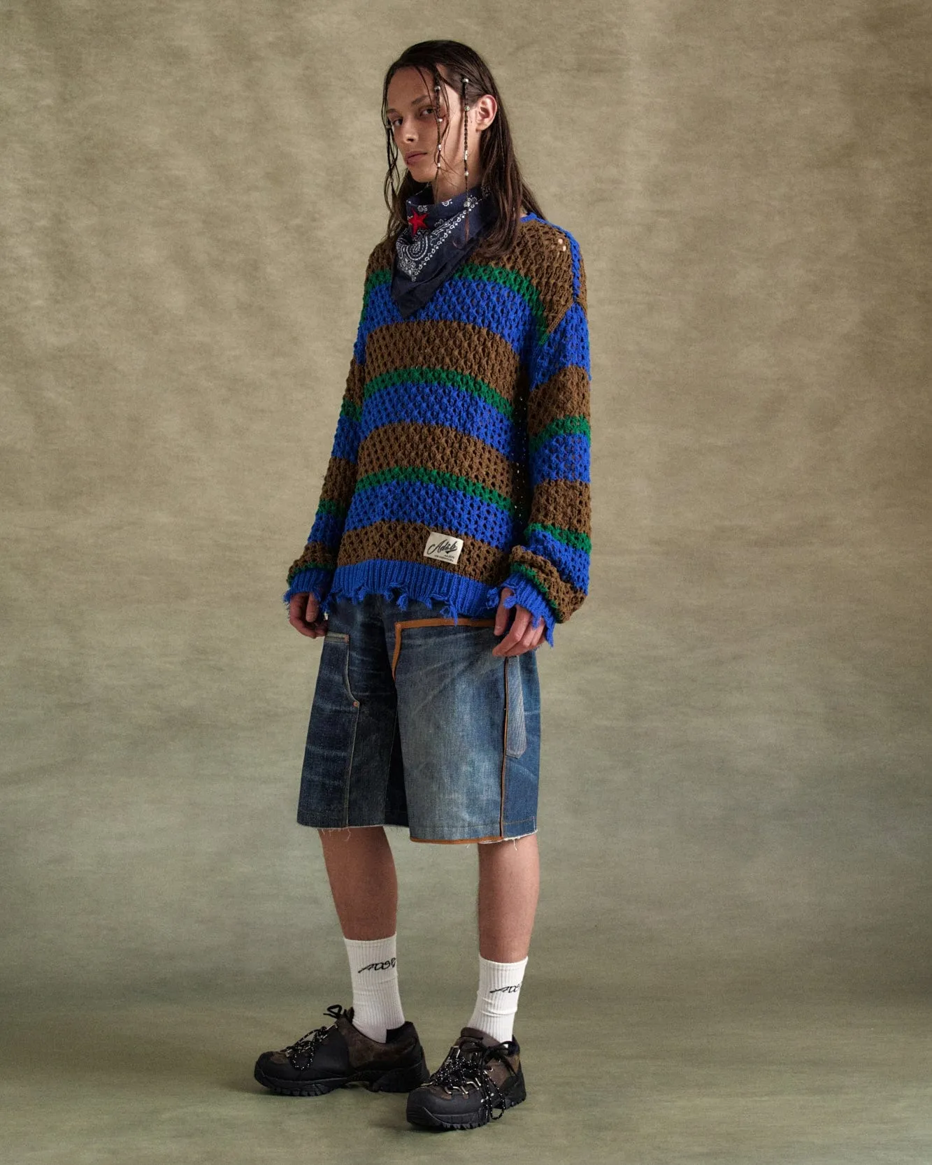 UNISEX DAMAGED STRIPE BOATNECK SWEATER atb1239u(BLUE/GREEN) sold by Andersson Bell product image thumbnail 5