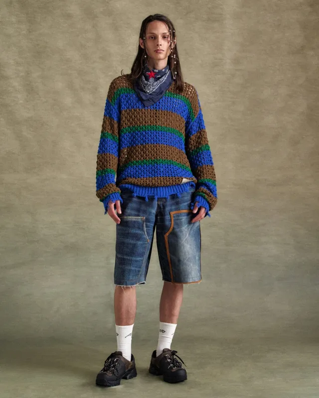 UNISEX DAMAGED STRIPE BOATNECK SWEATER atb1239u(BLUE/GREEN) sold by Andersson Bell