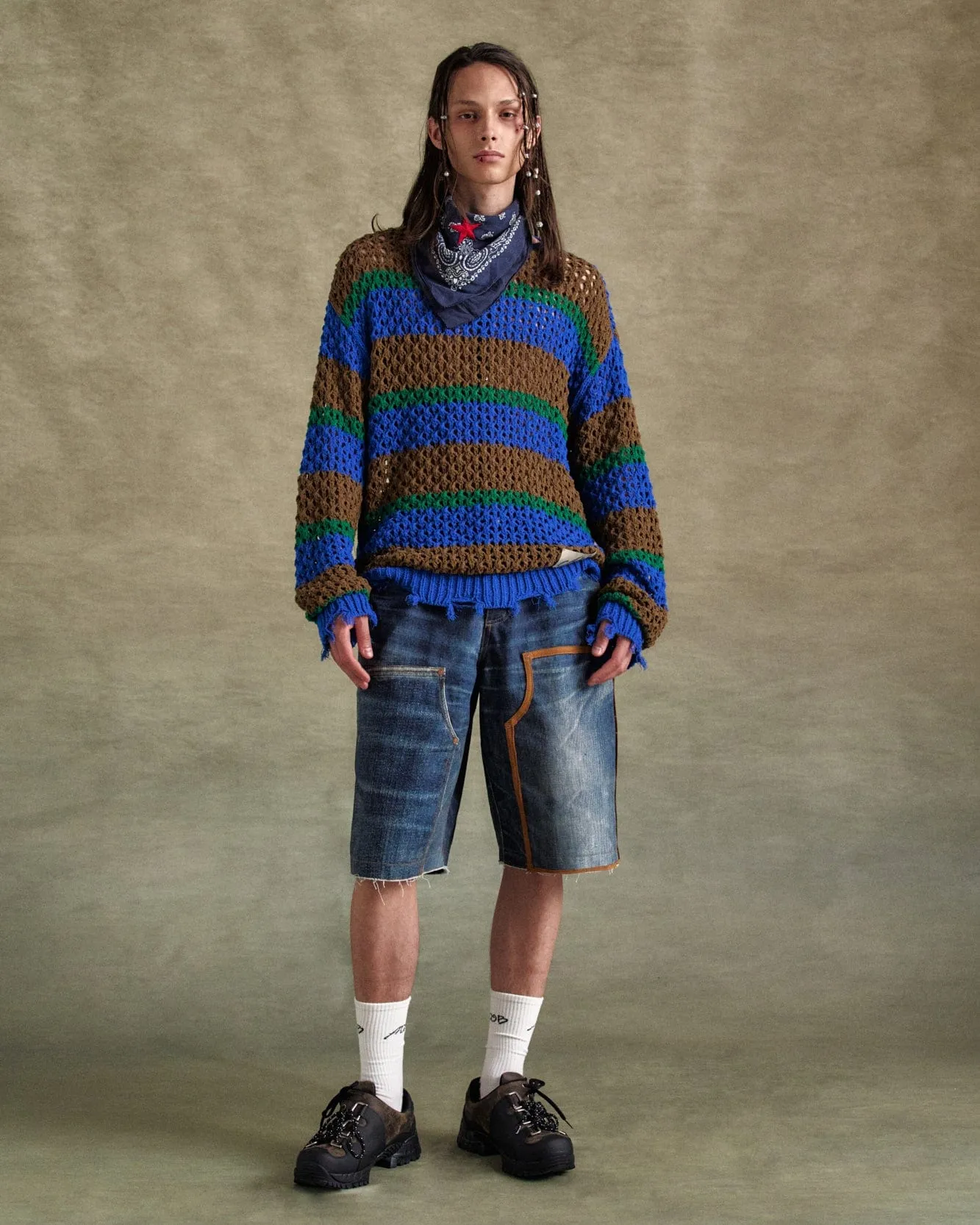 UNISEX DAMAGED STRIPE BOATNECK SWEATER atb1239u(BLUE/GREEN) sold by Andersson Bell