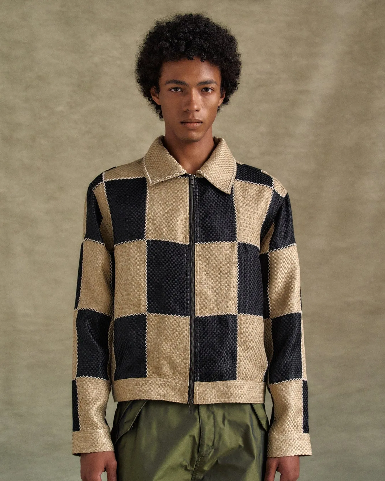 PATCHWORK ZIP-UP JACKET awa694m(BLACK/BEIGE) sold by Andersson Bell