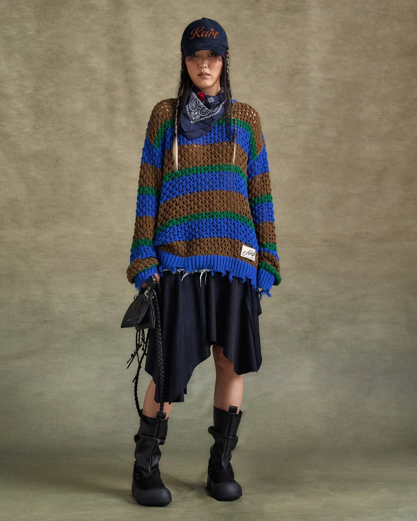 UNISEX DAMAGED STRIPE BOATNECK SWEATER atb1239u(BLUE/GREEN) sold by Andersson Bell